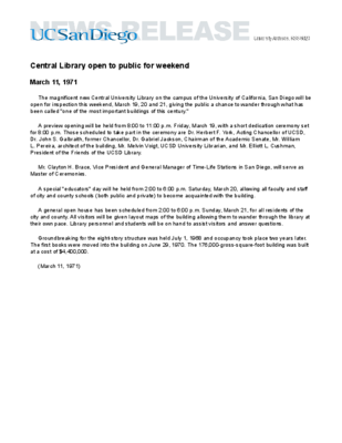 News release: Central Library open to public for weekend