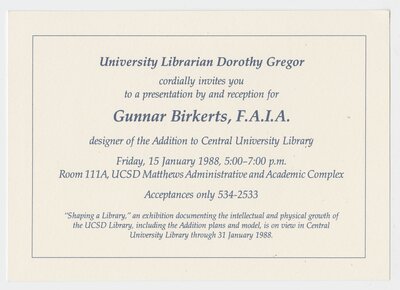 Invitation to a presentation by and reception for Gunnar Birkerts, F.A.I.A designer of the Addition to Central University Library