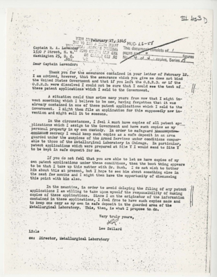 Letter Szilard to Captain Lavender regarding copies of his own patent agreements with the US