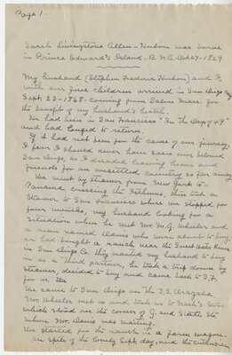 Account of Mrs. Frederick Hubon’s Memories of Coming to San Diego in 1869 - Handwritten account of Mrs. Frederick Hubon’s memories of coming to San Diego in 1868, and other early times.